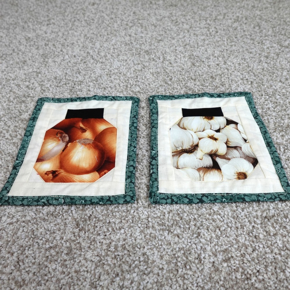 Handmade Quilted Mug Rug Set Onion & Garlic Canning Jars Green Floral 6.5x7.5